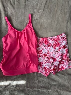 NWOT Pink Tropical Tankini Set with Floral Shorts